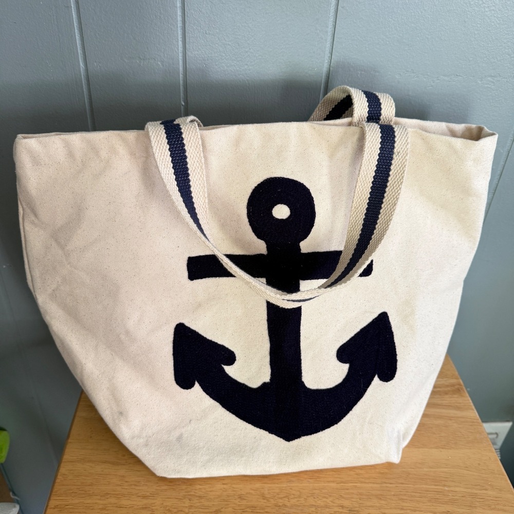 Large Canvas Anchor Tote Bag Navy Cream Embroidered Nautical Beach Market Bag
